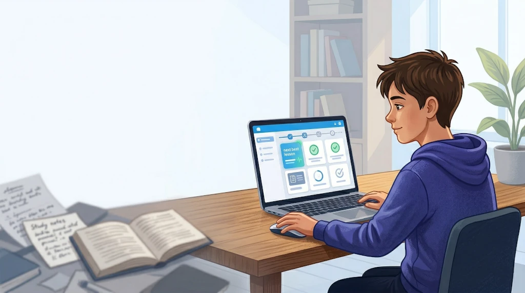 A student works at a desk on a laptop, with lessons and progress visible on the platform screen.