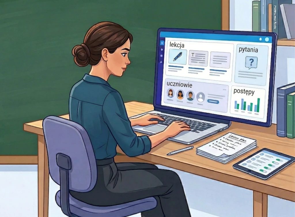 A teacher works at a computer and prepares lessons, quizzes, and materials for students on the platform.
